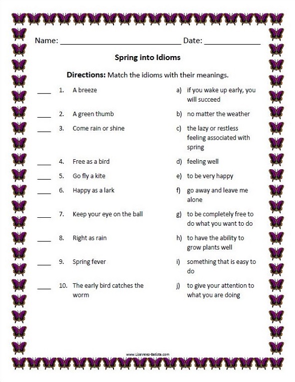 Spring into Idioms Worksheet - Matching