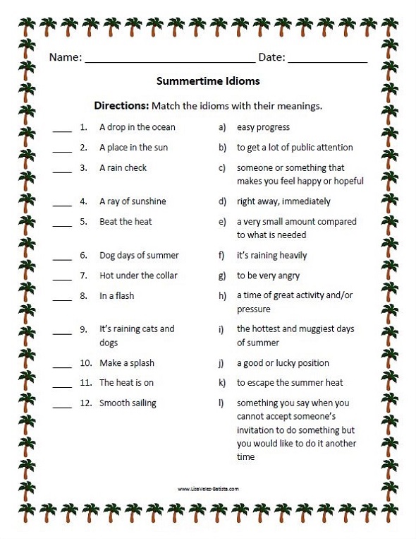 Summertime Idioms Worksheet - Matching