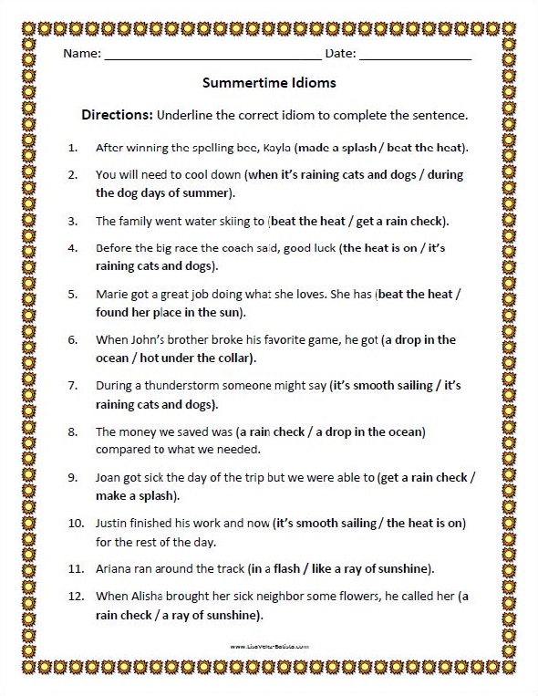 Summertime Idioms Worksheet - Underline